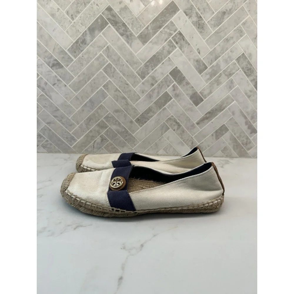 Tory Burch Espadrille Flats Ivory Newport Navy‎ Embellished Canvas Womens Size 8